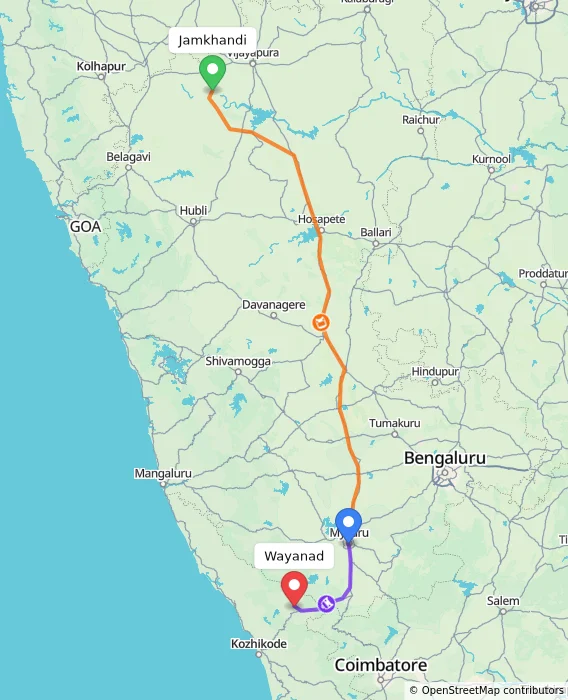 Route map showing distance and travel time from Jamkhandi, India to Wayanad, India