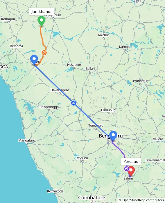 Route map showing distance and travel time from Jamkhandi, India to Yercaud, India