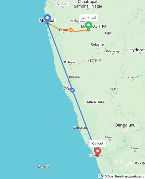 Route map showing distance and travel time from Jamkhed, India to Calicut, India