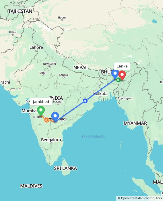 Route map showing distance and travel time from Jamkhed, India to Lanka, India