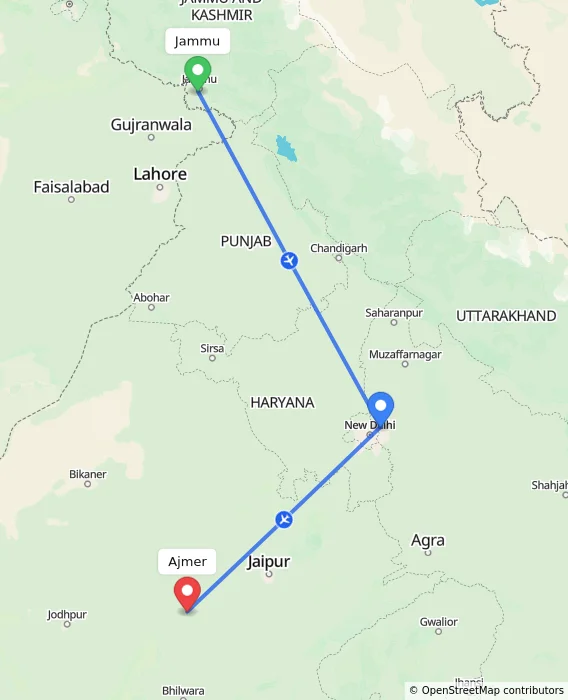 Route map showing distance and travel time from Jammu, India to Ajmer, India