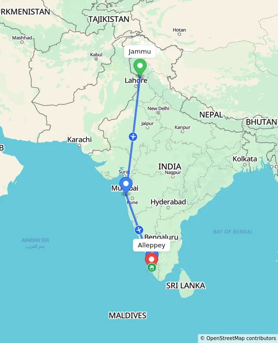 Route map showing distance and travel time from Jammu, India to Alleppey, India
