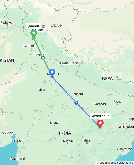 Route map showing distance and travel time from Jammu, India to Ambikapur, India