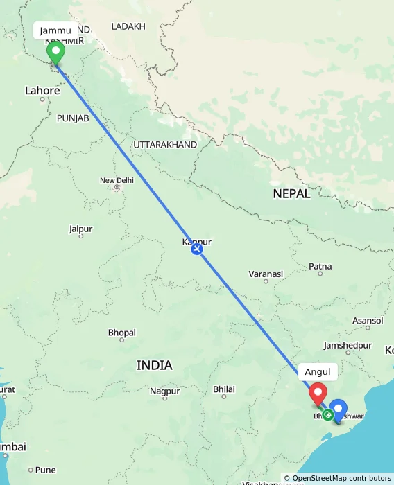 Route map showing distance and travel time from Jammu, India to Angul, India