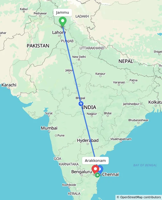 Route map showing distance and travel time from Jammu, India to Arakkonam, India