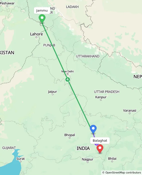 Route map showing distance and travel time from Jammu, India to Balaghat, India