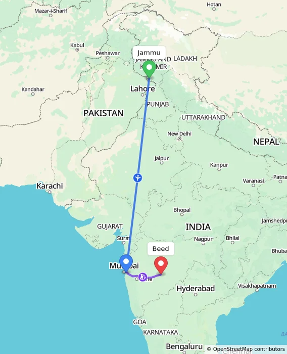 Route map showing distance and travel time from Jammu, India to Beed, India