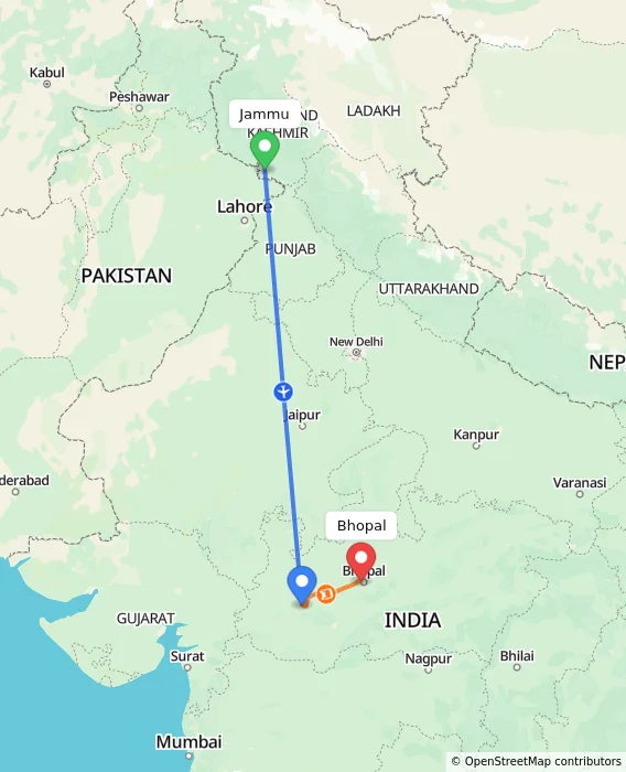 Route map showing distance and travel time from Jammu, India to Bhopal, India
