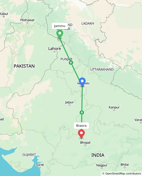 Route map showing distance and travel time from Jammu, India to Biaora, India