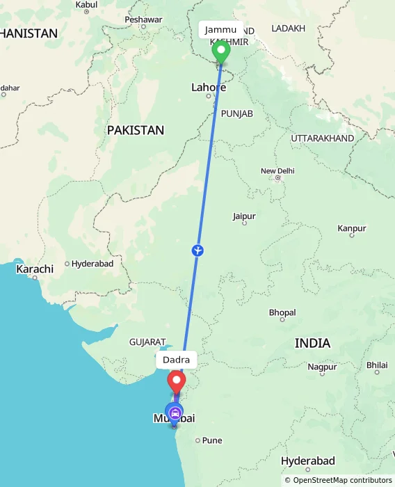 Route map showing distance and travel time from Jammu, India to Dadra, India