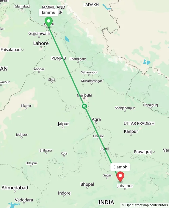 Route map showing distance and travel time from Jammu, India to Damoh, India