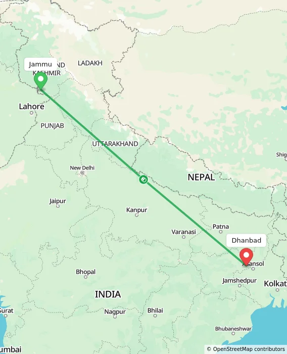 Route map showing distance and travel time from Jammu, India to Dhanbad, India