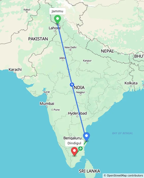 Route map showing distance and travel time from Jammu, India to Dindigul, India