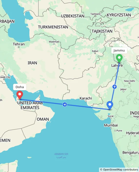 Route map showing distance and travel time from Jammu, India to Doha, Qatar