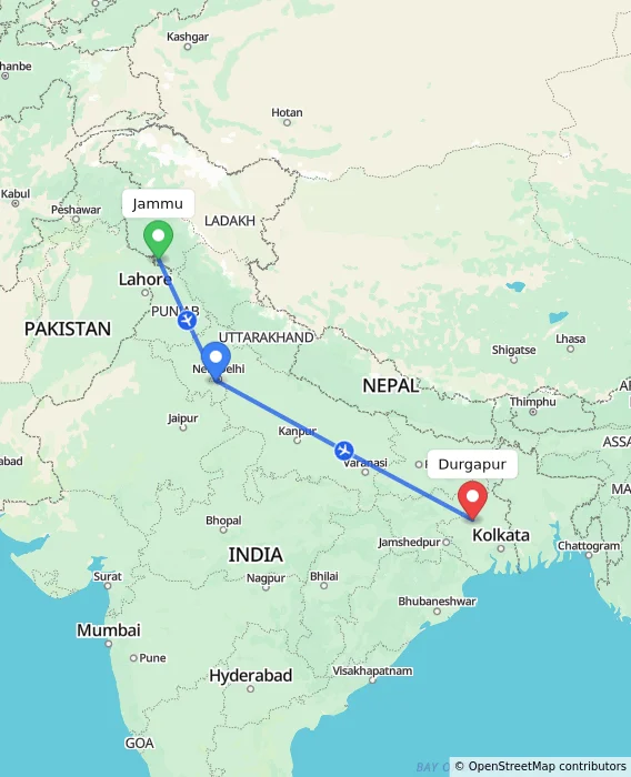 Route map showing distance and travel time from Jammu, India to Durgapur, India