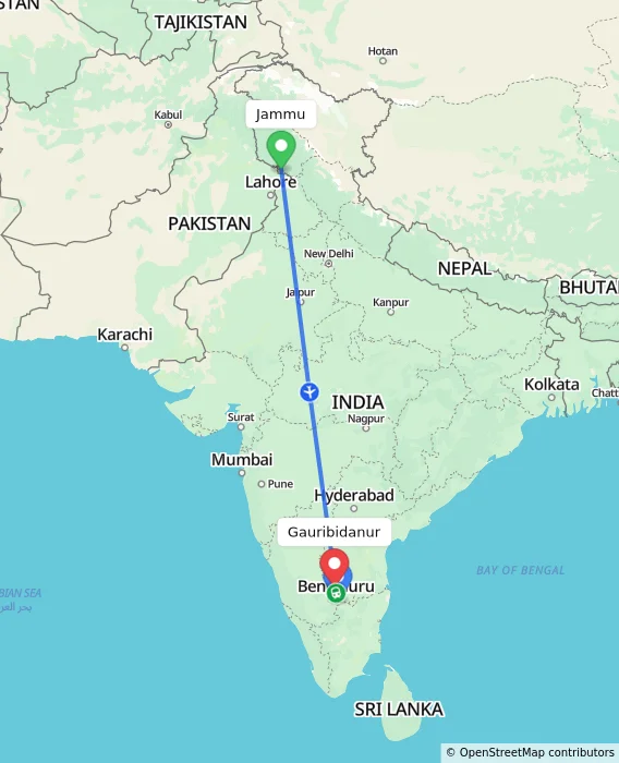 Route map showing distance and travel time from Jammu, India to Gauribidanur, India