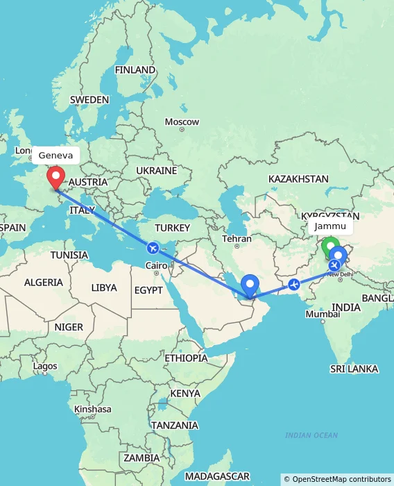 Route map showing distance and travel time from Jammu, India to Geneva, Switzerland