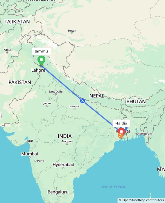 Route map showing distance and travel time from Jammu, India to Haldia, India