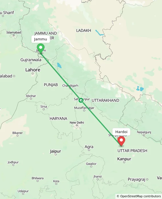 Route map showing distance and travel time from Jammu, India to Hardoi, India