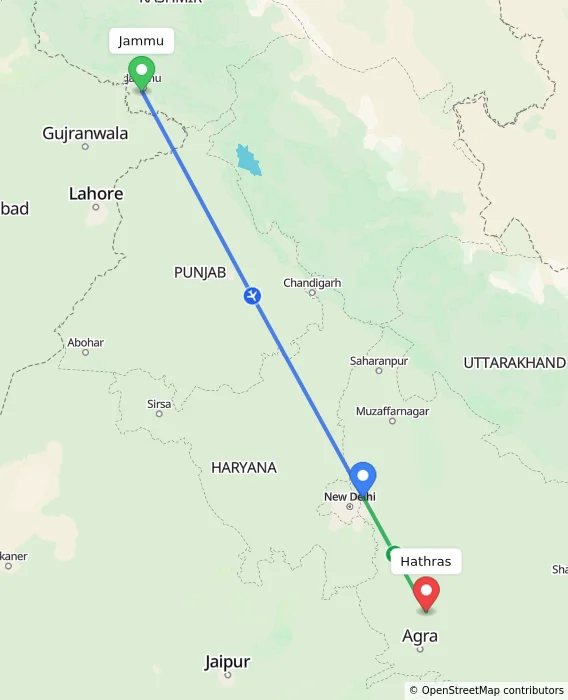 Route map showing distance and travel time from Jammu, India to Hathras, India