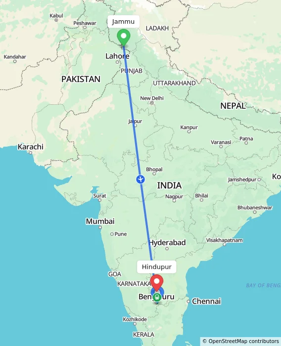 Route map showing distance and travel time from Jammu, India to Hindupur, India