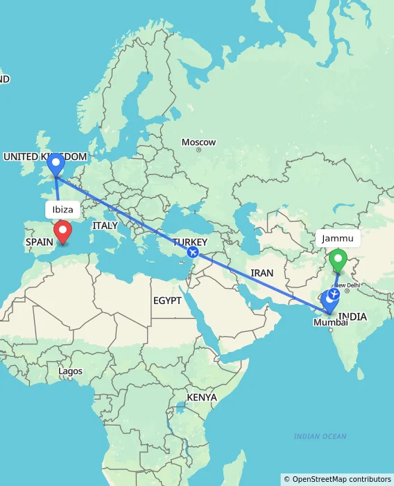 Route map showing distance and travel time from Jammu, India to Ibiza, Spain