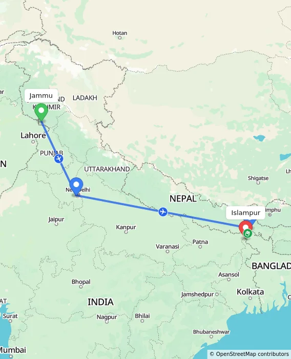 Route map showing distance and travel time from Jammu, India to Islampur, India