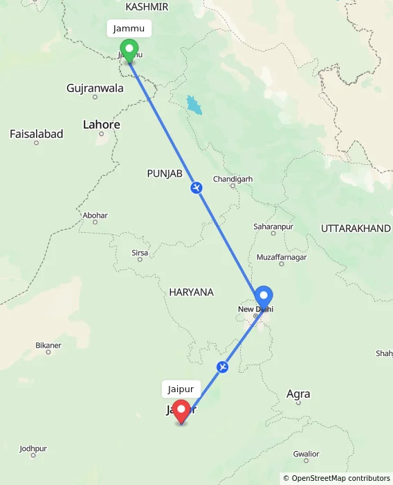 Route map showing distance and travel time from Jammu, India to Jaipur, India