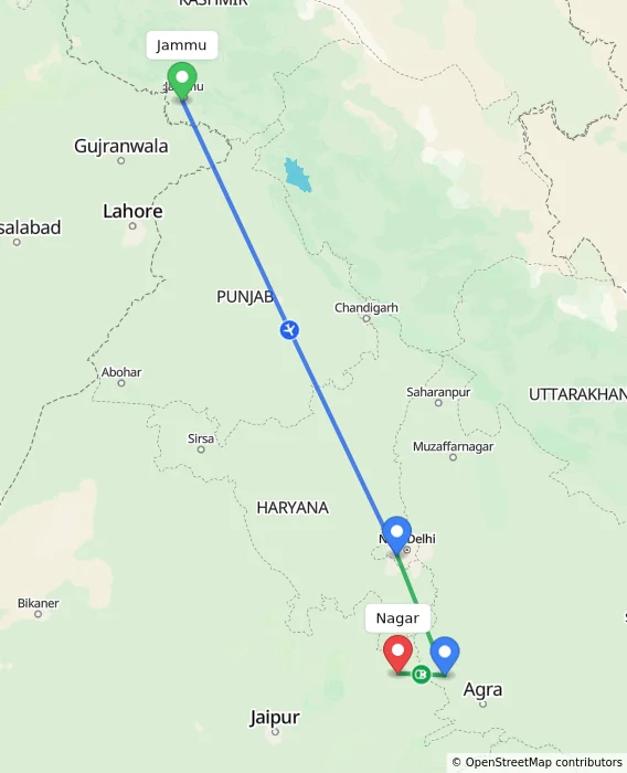 Route map showing distance and travel time from Jammu, India to Nagar, India