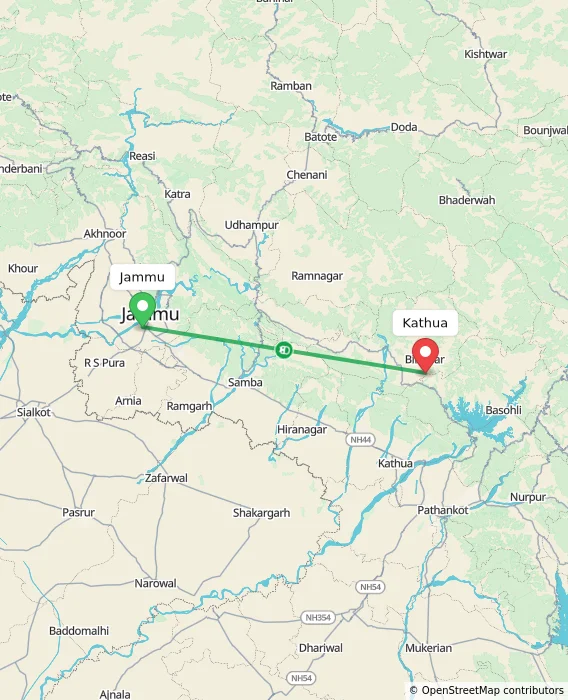 Route map showing distance and travel time from Jammu, India to Kathua, India