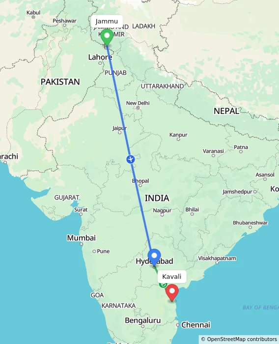 Route map showing distance and travel time from Jammu, India to Kavali, India