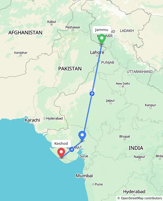 Route map showing distance and travel time from Jammu, India to Keshod, India