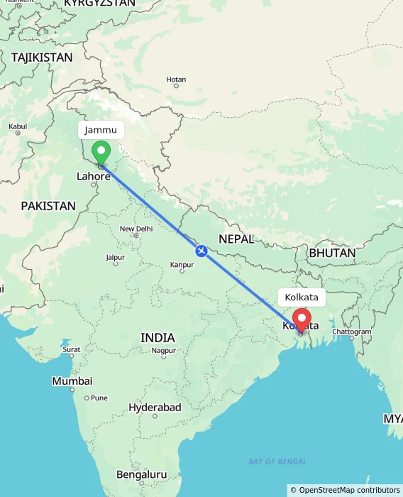 Route map showing distance and travel time from Jammu, India to Kolkata, India