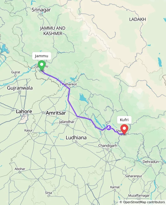 Route map showing distance and travel time from Jammu, India to Kufri, India