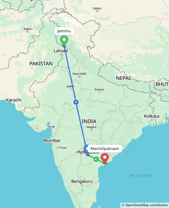 Route map showing distance and travel time from Jammu, India to Machilipatnam, India