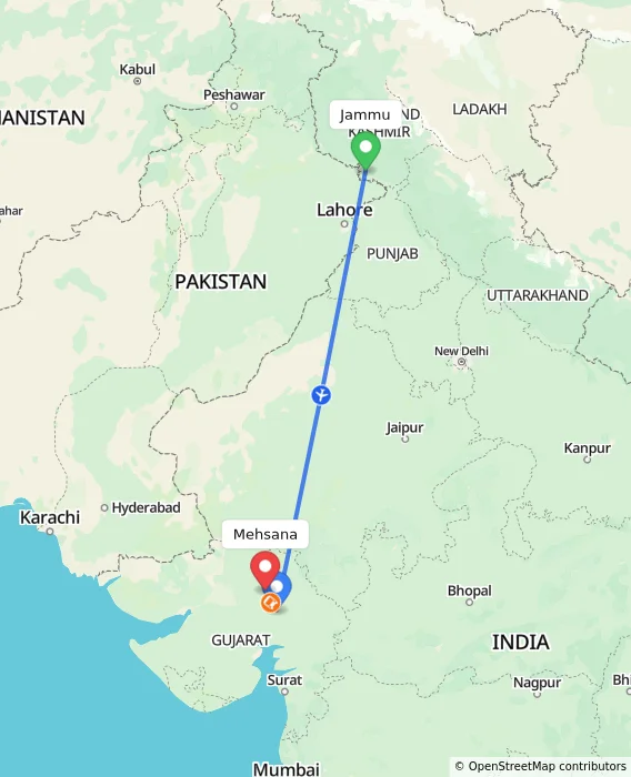 Route map showing distance and travel time from Jammu, India to Mehsana, India