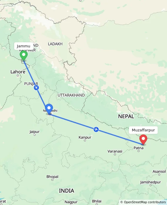 Route map showing distance and travel time from Jammu, India to Muzaffarpur, India