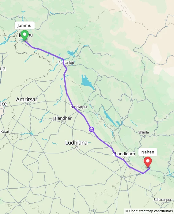 Route map showing distance and travel time from Jammu, India to Nahan, India
