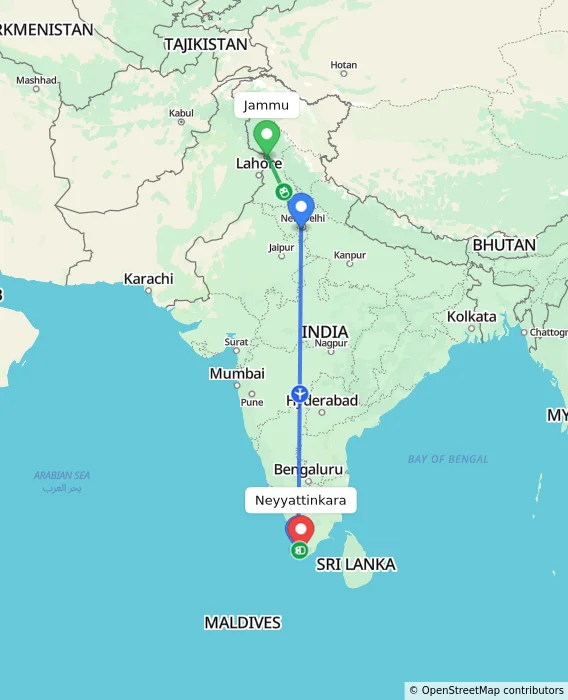 Route map showing distance and travel time from Jammu, India to Neyyattinkara, India