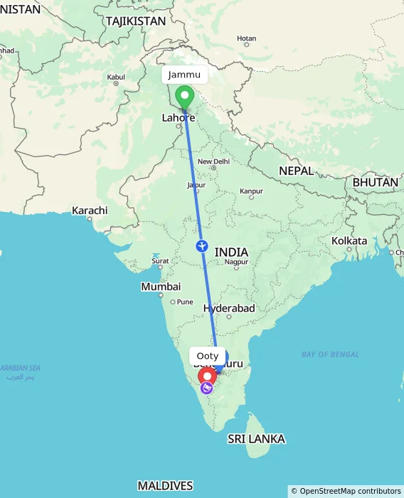 Route map showing distance and travel time from Jammu, India to Ooty, India
