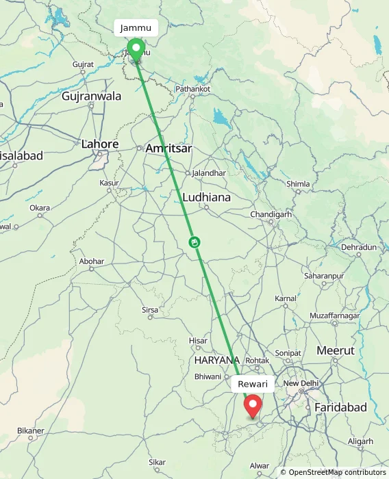 Route map showing distance and travel time from Jammu, India to Rewari, India