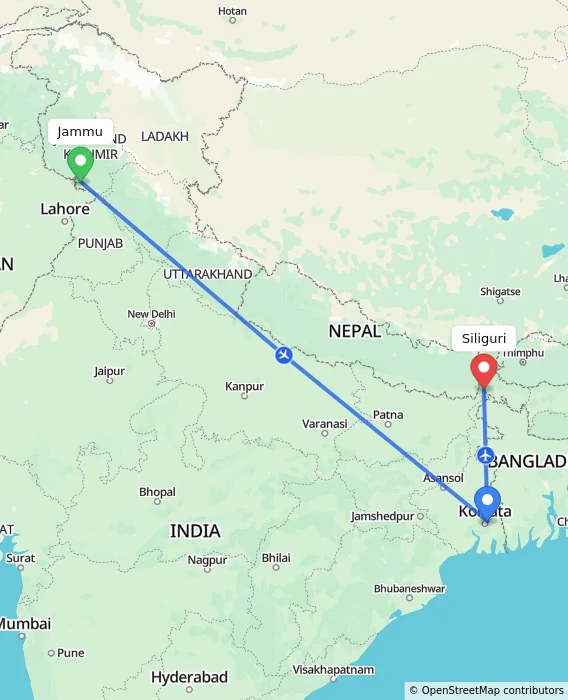 Route map showing distance and travel time from Jammu, India to Siliguri, India