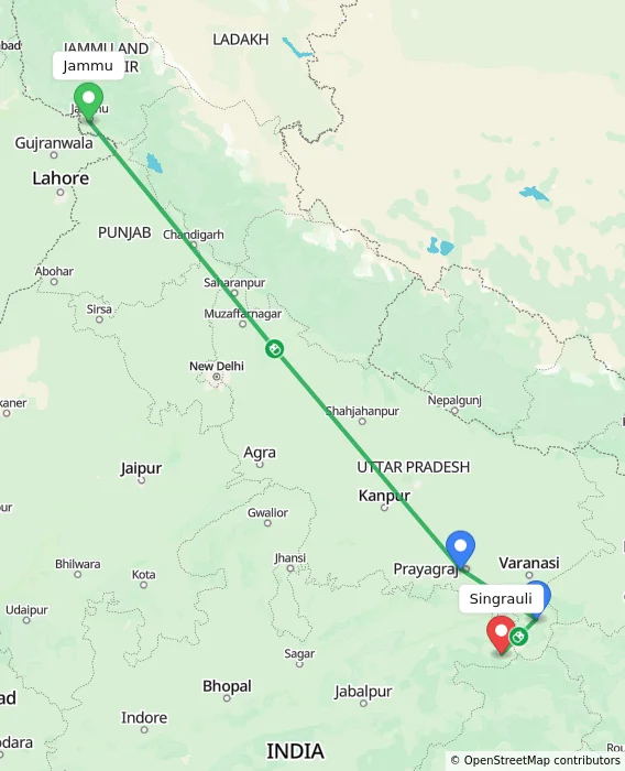 Route map showing distance and travel time from Jammu, India to Singrauli, India