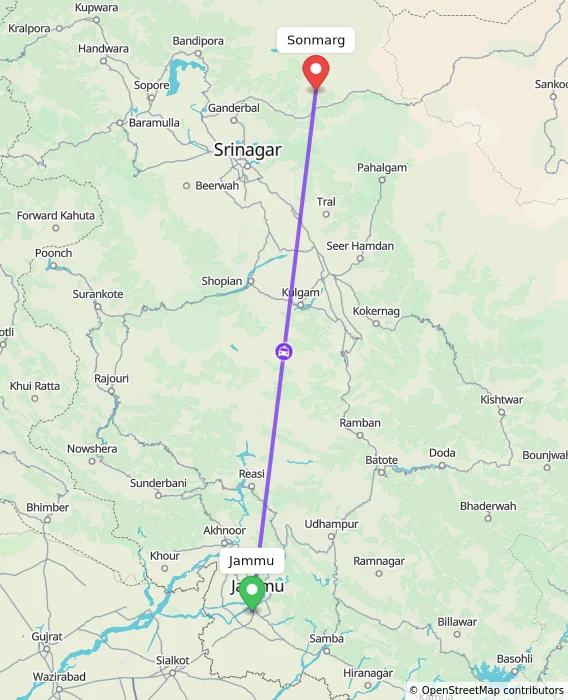 Route map showing distance and travel time from Jammu, India to Sonmarg, India