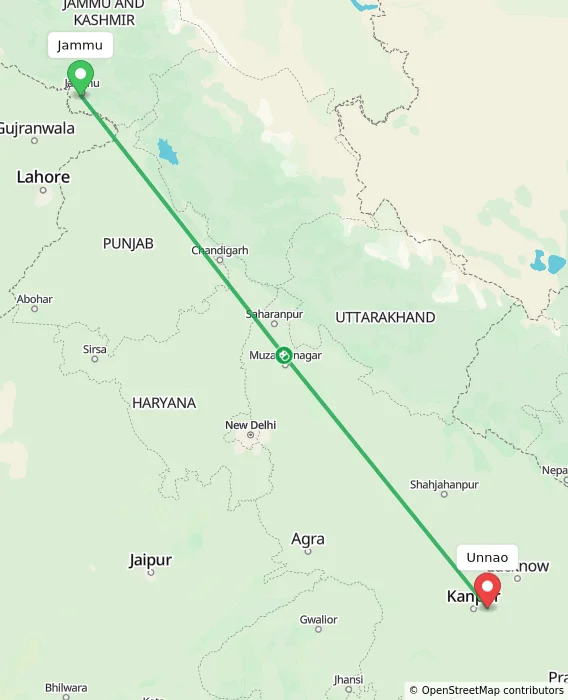 Route map showing distance and travel time from Jammu, India to Unnao, India