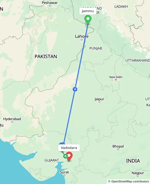 Route map showing distance and travel time from Jammu, India to Vadodara, India