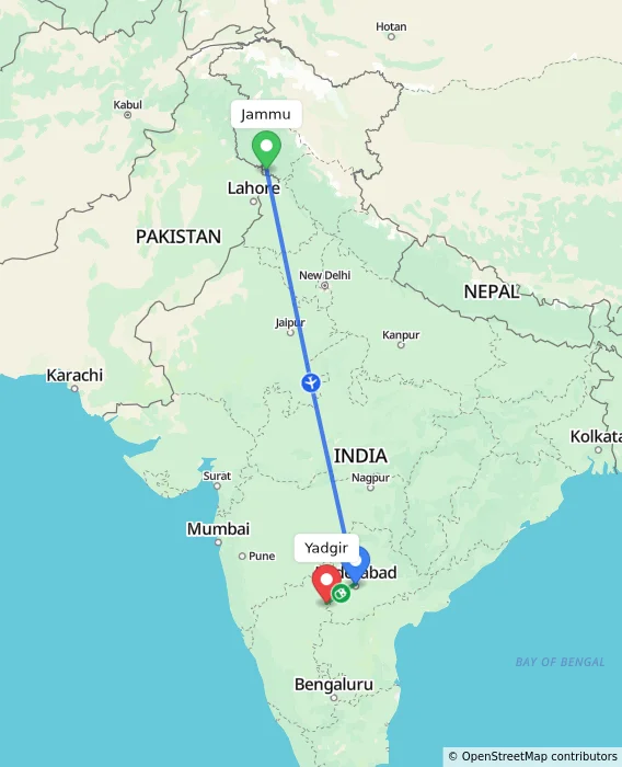 Route map showing distance and travel time from Jammu, India to Yadgir, India
