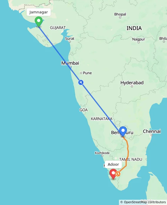 Route map showing distance and travel time from Jamnagar, India to Adoor, India