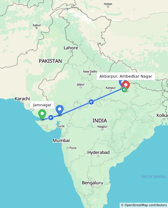 Route map showing distance and travel time from Jamnagar, India to Akbarpur, Ambedkar Nagar, India