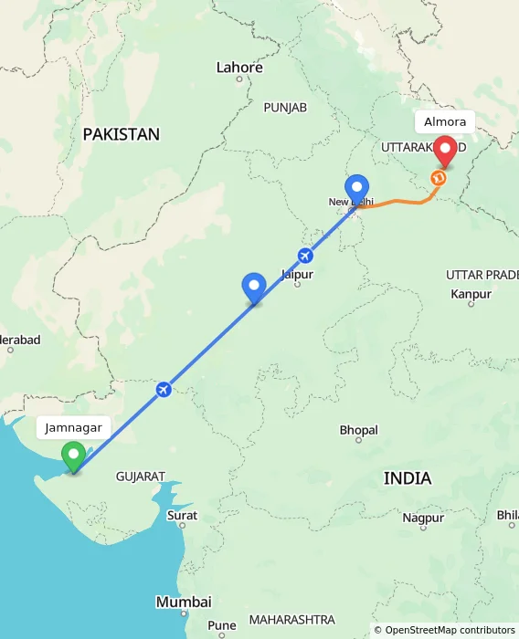 Route map showing distance and travel time from Jamnagar, India to Almora, India